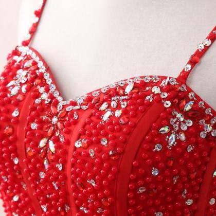 Red Suspender Beaded Wedding Dress Prom Party..