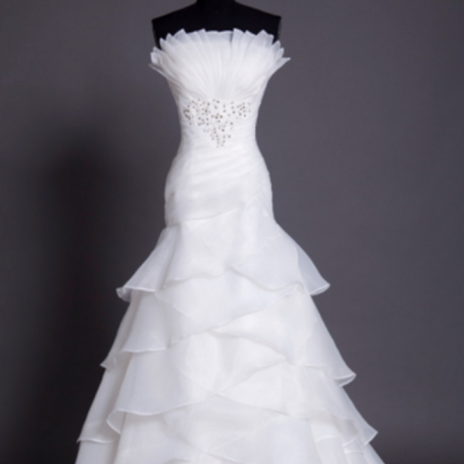 Strapless Ruched Beaded White Organza Mermaid..
