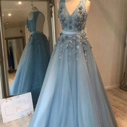 Kateprom Silver Blue Tulle Lace Long Prom Dress..