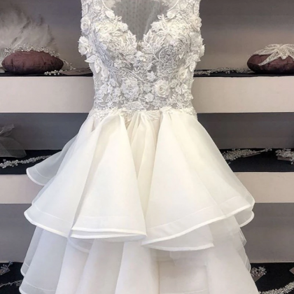 Kateprom White Lace Tulle Short Prom Dress..