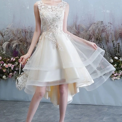 Kateprom Simple Champagne Tulle Lace Round Neck..