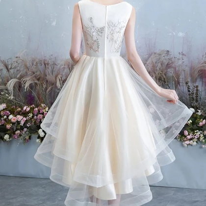 Kateprom Simple Champagne Tulle Lace Round Neck..