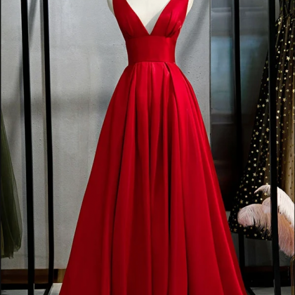 Kateprom Red V Neck Satin Long Prom Dress Simple..