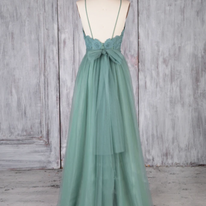 Kateprom Green Tulle Lace Long Prom Dress Green..
