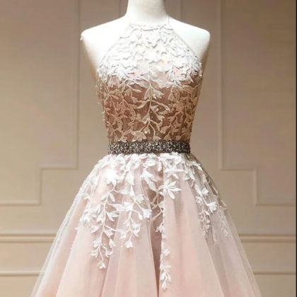 Kateprom Champagne Tulle Lace Short Prom Dress..