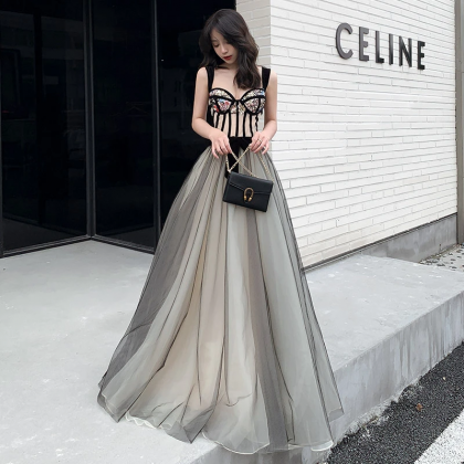 Black Tulle Sequins Long Prom Dress, Evening Dress..