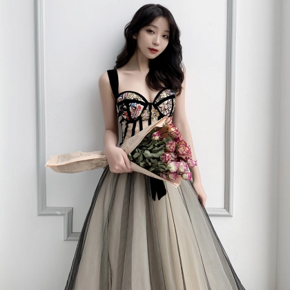 Black Tulle Sequins Long Prom Dress, Evening Dress..