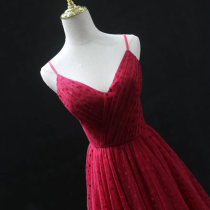 Kateprom Burgundy V Neck Tulle Long Prom Dress,..
