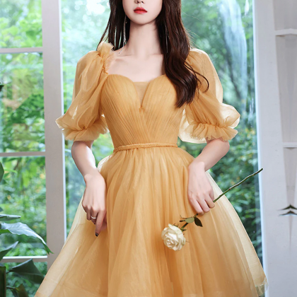 Kateprom Yellow Tulle Short Prom Dress, Yellow..