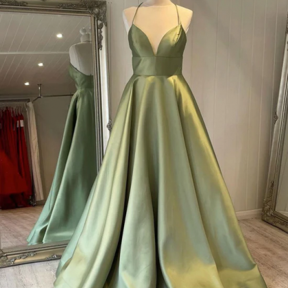 Simple Green Satin Long Prom Dress, Green..