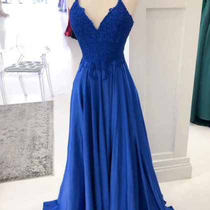 Royal Blue Lace Satin Long Prom Dress Blue Formal..