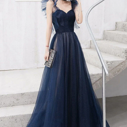 Dark Blue Sweetheart Tulle Long Prom Dress Blue..