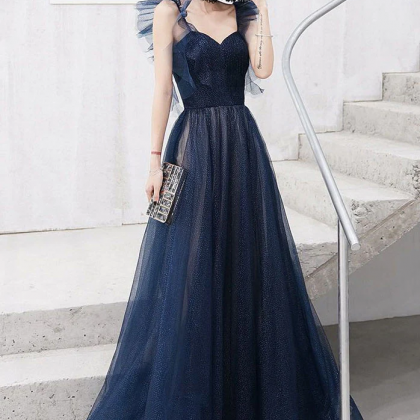 Blue sweetheart tulle long prom dress, blue tulle evening dress,DS2304 main image 1