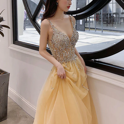 A Line V Neck Yellow Backless Long Prom Dresses,..