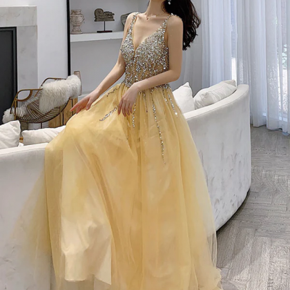 A Line V Neck Yellow Backless Long Prom Dresses,..