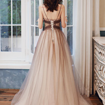 V Neck Brown Ombre Long Prom Dresses, Brown Ombre..