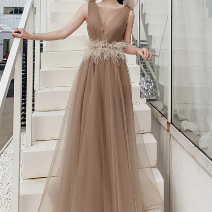 Round Neck Champagne Long Prom Dresses With Corset..
