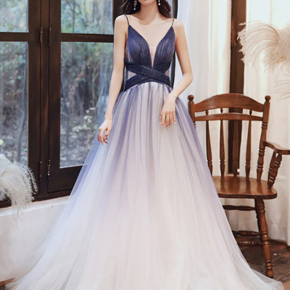 A Line V Neck Blue Ombre Long Prom Dress With..