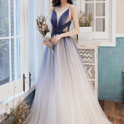 A Line V Neck Blue Ombre Long Prom Dress With..