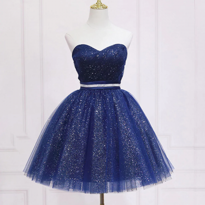 Shiny A-Line V-Neck Dark Blue Short Prom Dress: Elegant Navy Formal Graduation Homecoming main image 1