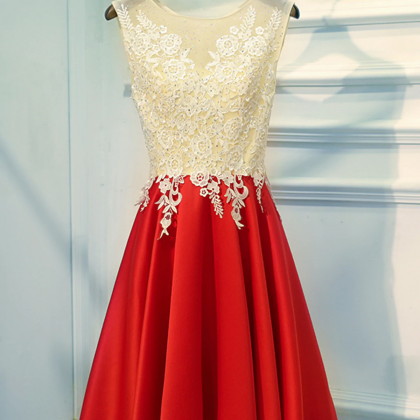 A Line Round Neck Red Short Lace Prom Dresses,..