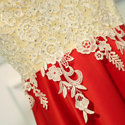 A Line Round Neck Red Short Lace Prom Dresses,..