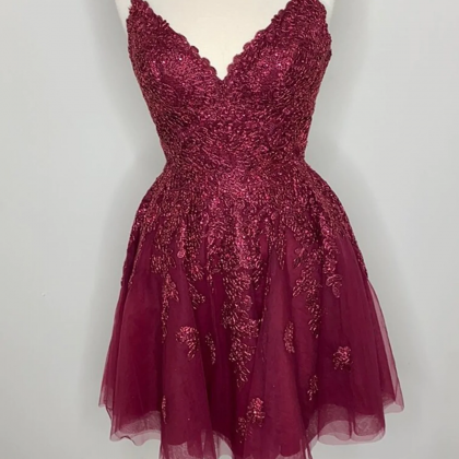 Short V Neck Burgundy Lace Prom Dresses, Short..