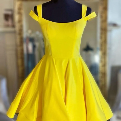 Off The Shoulder Short Yellow Satin Prom Dresses,..