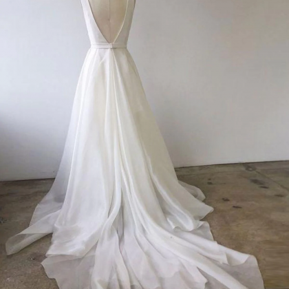 A Line V Neck White Wedding Dresses, White V Neck..