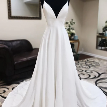 A Line V Neck White Wedding Dresses..