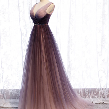 A Line V Neck Purple Ombre Prom Dresses, V Neck..