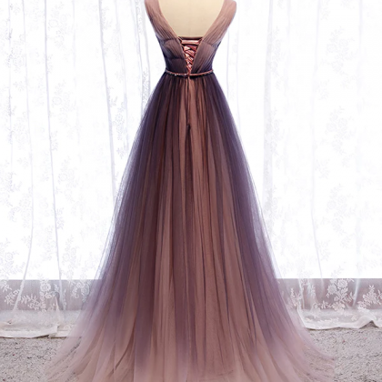 A Line V Neck Purple Ombre Prom Dresses, V Neck..