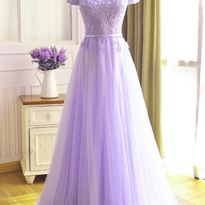 Off The Shoulder Purple Lace Prom Dresses, Purple..