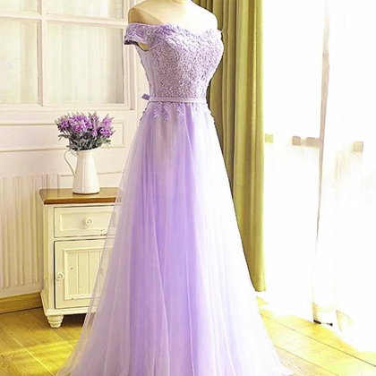 Off The Shoulder Purple Lace Prom Dresses, Purple..