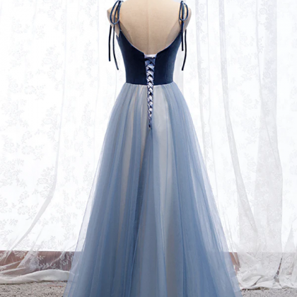 A Line Sleeveless Floor Length Blue Prom Dresses,..