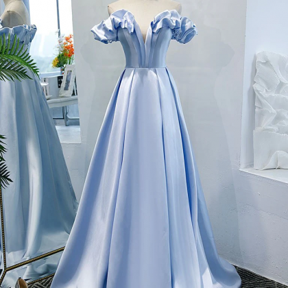 Chic A-line Off-the-shoulder Blue Prom Dress Satin..