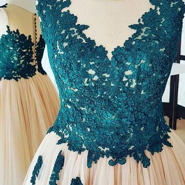 A-line Dark Green Short Prom Dress Scoop Lace..