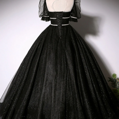Black Scoop Neckline Long Prom Dress, Shiny Tulle..