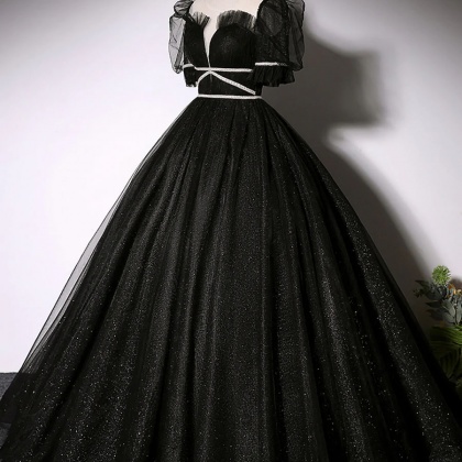 Black Scoop Neckline Long Prom Dress, Shiny Tulle..