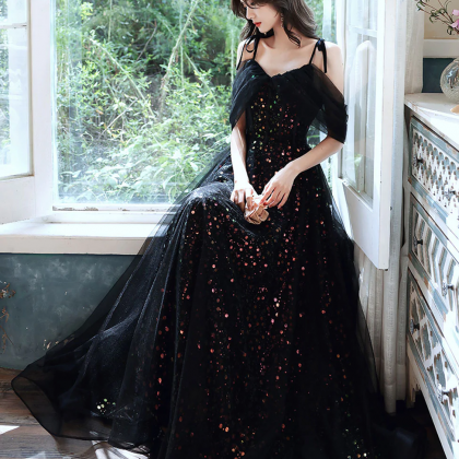 Black A-line Long Prom Dresses, Black Formal..