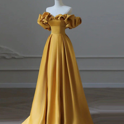 Satin Yellow Long Prom Dress, Aline Formal Yellow..