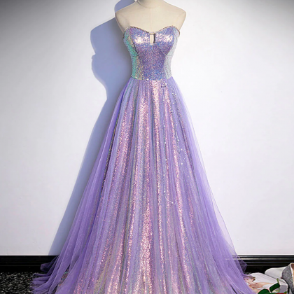 A Line Purple Sweetheart Neck Tulle Long Prom..