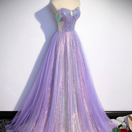A Line Purple Sweetheart Neck Tulle Long Prom..
