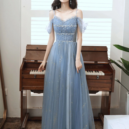 A Line Off Shoulder Sequin Blue Long Prom Dress,..