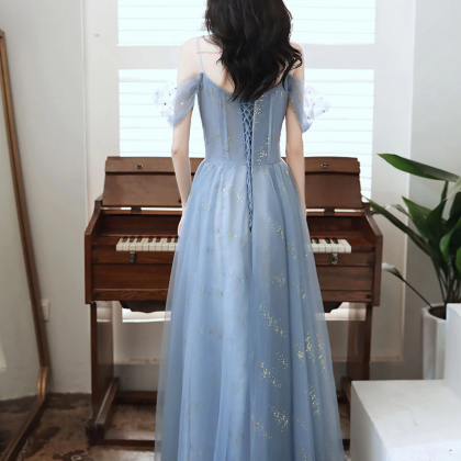 A Line Off Shoulder Sequin Blue Long Prom Dress,..
