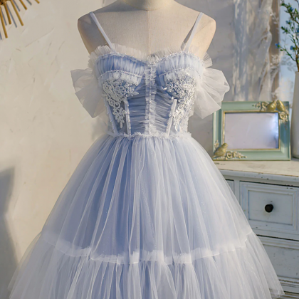 Blue Sweetheart Neck Tulle Lace Short Prom Dress..