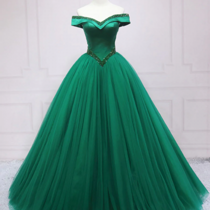 Green Tulle Off Shoulder Tulle Beads Long Prom..