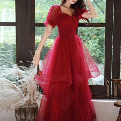 Simple A Line Tulle Long Prom Dress Burgundy Tulle..