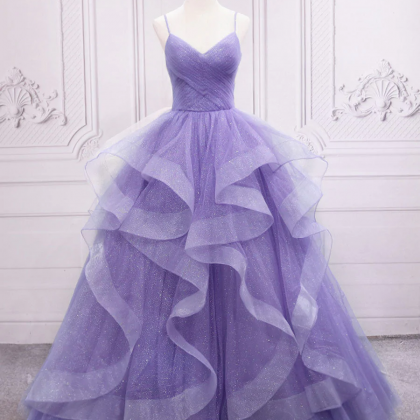 Purple V Neck Tulle Long Prom Dress, Purple Sweet..