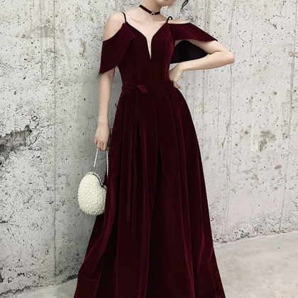 Simple burgundy off shoulder long prom dress burgundy evening dress Y253